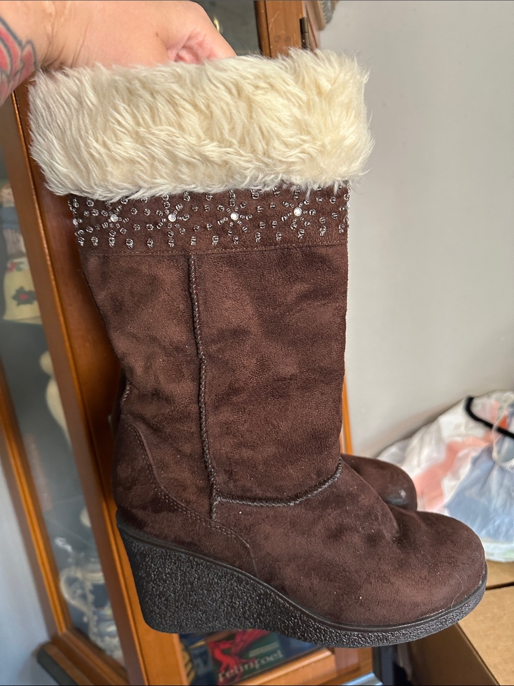 American Eagle Outfitters Brown Faux-Suede Wedge Boots with Cream Fur Cuff